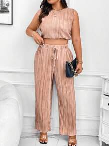 SHEIN Unity Bộ đồ hai mảnh không tay màu trơn cổ tròn thường ngày cỡ lớn và quần dài - Màu be - Xem 2