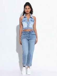 SHEIN EZwear 女士素色休閒牛仔吊帶上衣 - 藍色 - 查看 2