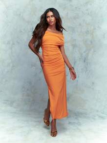 MISSGUIDED Cross Ruched Off Shoulder Side Slit Midaxi Dress - Orange - View 1