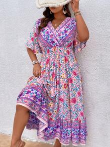 Women Plus Floral Print Butterfly Sleeve Dress, Summer Outfit - Multicolor - View 3