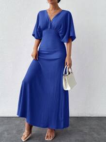 EURMUSE Women's Solid Color Minimalist Short Sleeve Dress For Daily Wear - Royal Blue - View 5