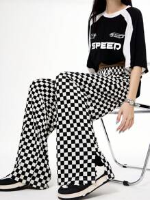 Coolane Checkerboard Straight-Legged Street Style Casual Extra-Long Pants - Black and White - View 3