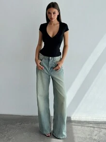 Aloruh 簡約優雅的年輕女性緊身短袖深V領T卹，適合外出穿著 - 黑色 - 查看 5