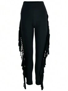 Plus Size Women High Waisted Solid Color Tassel Patchwork Slim Fit Pants