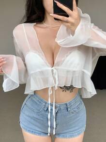 DAZY 女士夏季休闲纯色透视喇叭袖荷叶边短款和服罩衫，轻薄透气，适合海滩度假邮轮旅行 - 白色 - 查看 1