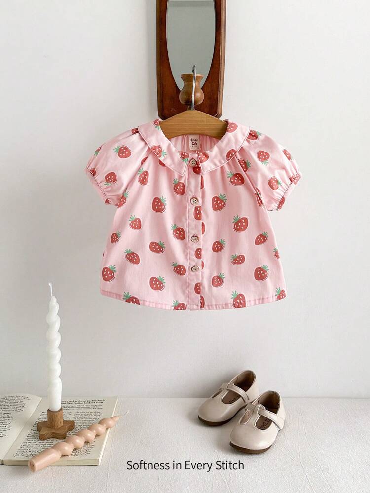 Baby Girl Strawberry Pattern Peter Pan Collar Puff Sleeve Cardigan