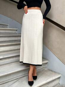 EURMUSE Women Solid Color Ribbed Knit Stripe Hem Sweater Skirt - Beige - View 3