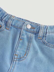 SHEIN Quần short denim xanh dáng suông cạp chun thời kỳ Y2K dành cho bé gái, có túi lớn, thích hợp cho kỳ nghỉ hè. - Rửa nhẹ - Xem 3