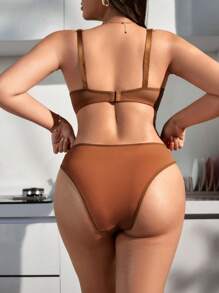 SHEIN 加大號對比花邊網眼文胸＆內褲性感套裝 - 棕色 - 查看 2