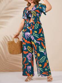 RueChic VCAY Plus Geometric Print Ruffle Trim Top & Wide Leg Elastic Belted Pants - Multicolor - View 4