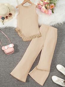 SHEIN Tween Girl Sleeveless Fringe Hem Top And Long Pants 2-Piece Set - Khaki - View 1