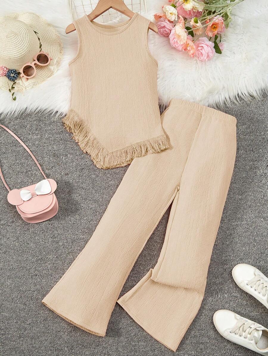 SHEIN Tween Girl Sleeveless Fringe Hem Top And Long Pants 2-Piece Set - Khaki - View 1