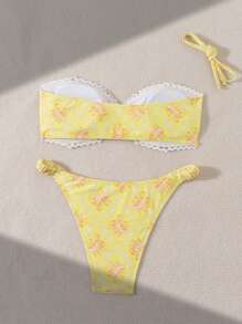 Swim Mod Bộ bikini dây buộc cổ in hoa đi biển mùa hè dành cho nữ - Màu vàng - Xem 2