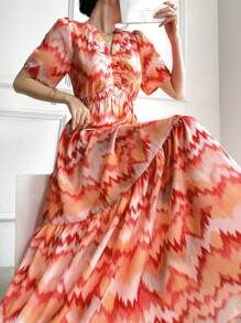 Seusyu Vestido largo informal de verano con técnica de teñido anudado y cintura fruncida - Rojo - Ver 1