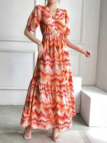 Seusyu Vestido largo informal de verano con técnica de teñido anudado y cintura fruncida - Rojo - Ver 3