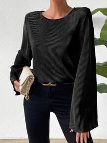 Ellegaria. Camiseta casual para mujer de primavera/verano de unicolor con cuello redondo, mangas acampanadas y ajuste suelto - Negro - Ver 4