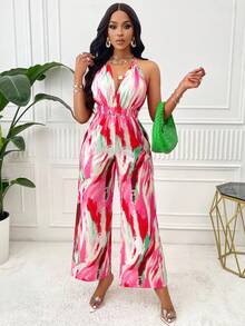Backless Printed Jumpsuit With Neck Halter (Random Floral Pattern) - Pink - View 5