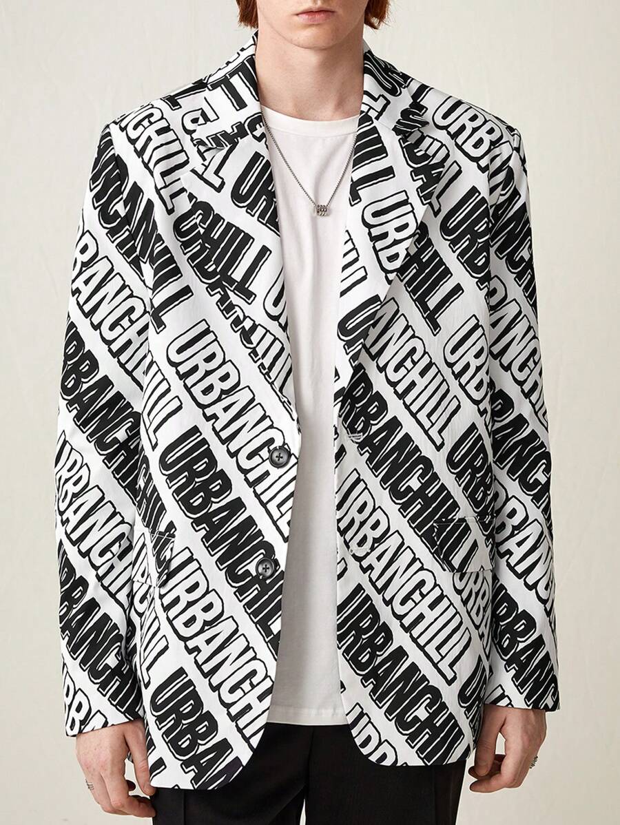 Manfinity VCAY Men's Fashionable Loose Fit Full Printed Long Sleeve Blazer For Daily Casual Wear, For Fall Winter