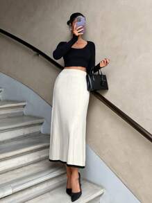 EURMUSE Women Solid Color Ribbed Knit Stripe Hem Sweater Skirt - Beige - View 7