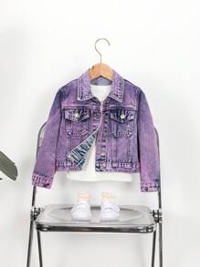 SHEIN Explorewe Girls' Fashionable Purple Casual Distressed Denim Jacket, All-Match Style - Purple - View 1
