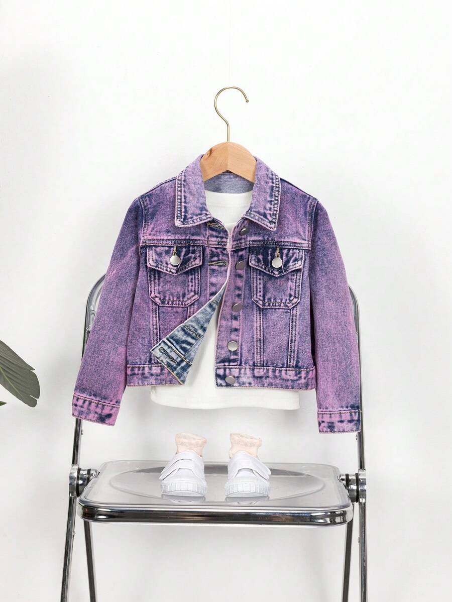 SHEIN Explorewe Girls' Fashionable Purple Casual Distressed Denim Jacket, All-Match Style - Purple - View 1