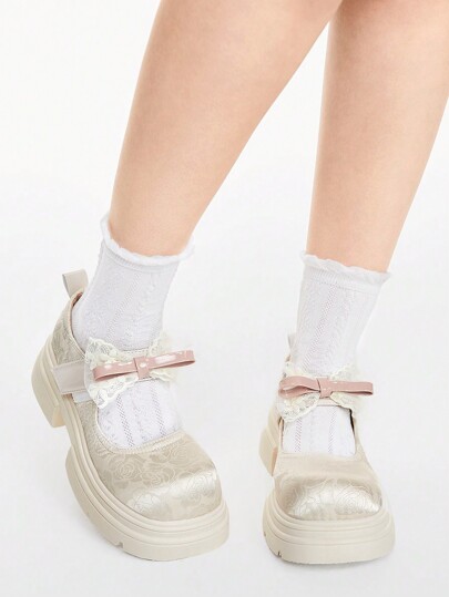 Kawaii Women's Rounded Toe Shoes With Bowknot Decoration, Fashionable And Sweet, Wedge Heel & Thick Sole