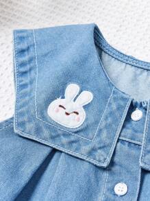 Young Girl New Casual Fashion Denim Dress With Rabbit Embroidery Design, Washed Effect - Medium Wash - View 5