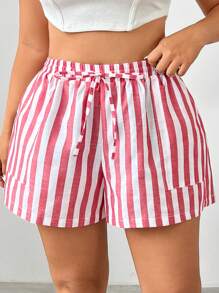 CovetEZ Shorts de lino a rayas de tamaño grande para tiempo libre y vacaciones - Rojo y blanco - Ver 6