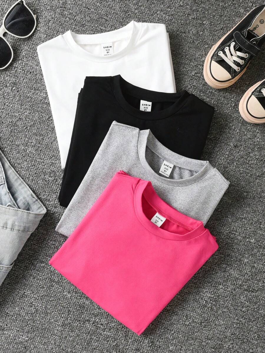 4 cái/bộ Áo thun ngắn tay cổ tròn màu trơn dành cho các cô gái tuổi teen, áo cơ bản - Màu Hồng Tươi - Xem 1