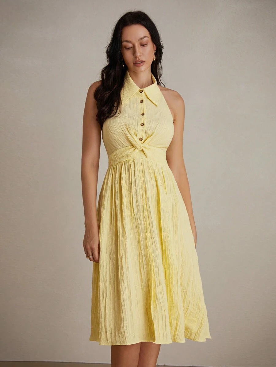 Femmeiva Clean Textured Fabric Twist-Knot Waist Backless Sleeveless Shirt Dress - Yellow - View 1