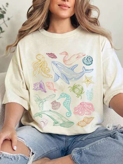 INAWLY Women's Summer Ocean Life Round Neck Printed T-Shirt Graphic Tees Women Tops