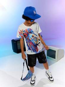 SHEIN Boys' Fashionable Cool Graffiti Lion Printed White Short Sleeve T-Shirt, Youth - White - View 6