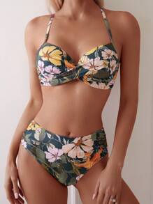 SHEIN Swim Conjunto de Biquíni Estampado Floral Cruzado Feminino para Praia Verão