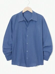 SHEIN Cottnline Men Solid Button Up Shirt - Blue - View 1