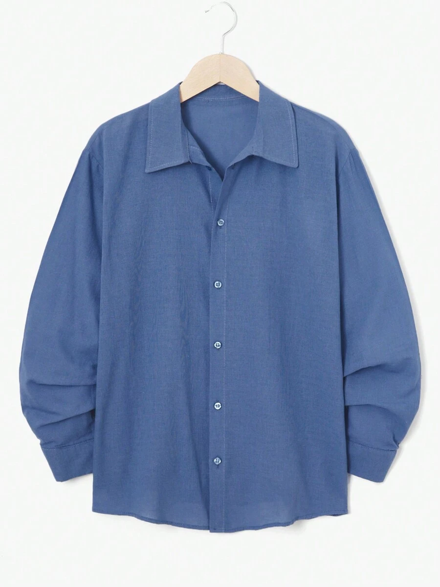 SHEIN Cottnline Men Solid Button Up Shirt - Blue - View 1