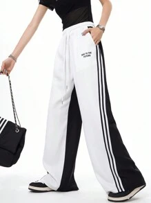 SHEIN Coolane 女士街头运动休闲装 返校运动装 休闲撞色条纹纹理装饰系带裤 - 黑與白 - 查看 4