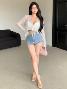 DAZY 女士夏季休闲纯色透视喇叭袖荷叶边短款和服罩衫，轻薄透气，适合海滩度假邮轮旅行 - 白色 - 查看 7