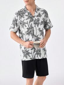 Men's Tropical Print Short Sleeve Shirt And Solid Color Shorts Homewear Set - Black and White - View 3