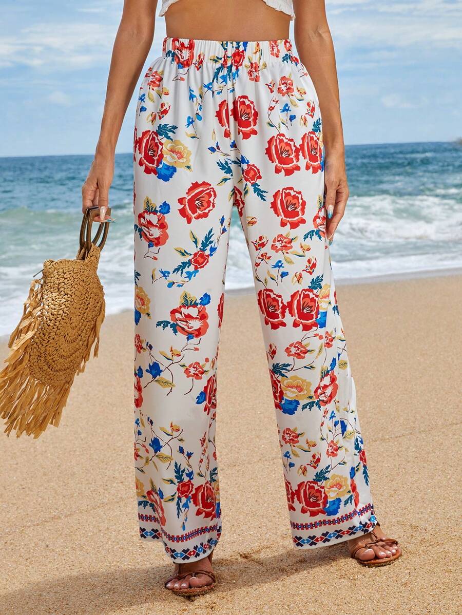 SHEIN VCAY Women's Random Printed Simple Daily Long Pants - White - View 1