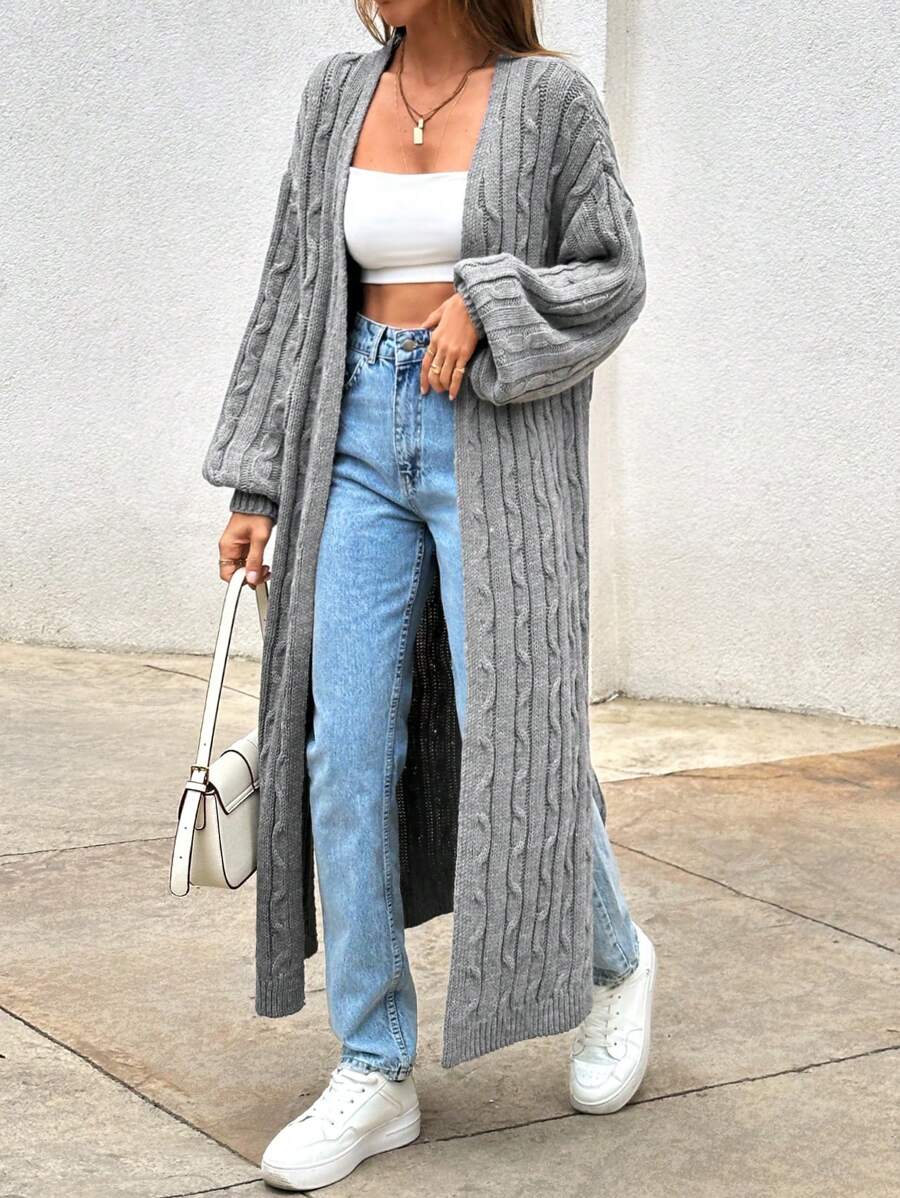 EURMUSE Cable Pattern Long Thick Cardigan - Grey - View 1