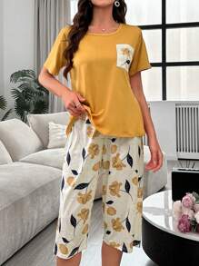 Bộ đồ ngủ mùa hè cổ tròn in hoa cho nữ và quần capri - Màu vàng - Xem 4