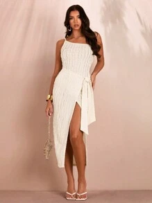 SHEIN BAE White Summer Asymmetric Textured Solid Color Strap High Slit Bodycon Dress - Apricot - View 3