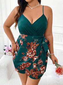 Elenzga Plus Size Floral Wrapped Tie-Waist Dress, For Summer - Multicolor - View 4