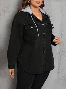 EMERY ROSE Plus Size Spring And Autumn Casual Drawstring Hooded Denim Jacket With Color Block Design - Black - View 4