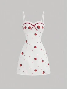 SHEIN MOD Sukienka damska haftowana truskawka z kontrastową sukienką, sukienka piknikowa, biała sukienka, sukienka letnia, słodka sukienka - Wielokolorowe - Zobacz 1