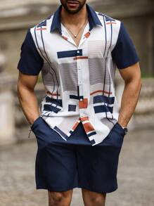 Manfinity Homme 男士加大尺碼假期休閒幾何印花短袖襯衫和純色短褲兩件套 - 彩色 - 查看 4
