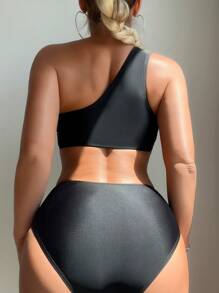 SHEIN Swim Women's Solid Color One-Shoulder Ruched Sexy Bikini Set For Vacation, With Separated Bikini Set Summer Beach - Black - View 2