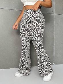 Flirla Pantalones casuales de talla grande con estampado de cebra y corte acampanado para mujer - Marrón - Ver 4