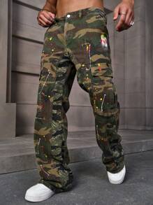 PAVTROS Men's Casual Ink Splatter Camouflage Printed Cargo Jeans, Camo Pants, Long Baggy Washed Cargo Jeans, For Husband, Boyfriend Gifts Going Out Hang Out Commute Street - Army Green - View 4