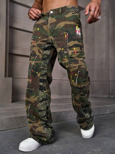 PAVTROS Men's Casual Ink Splatter Camouflage Printed Cargo Jeans, Camo Pants, Long Baggy Washed Cargo Jeans, For Husband, Boyfriend Gifts Going Out Hang Out Commute Street